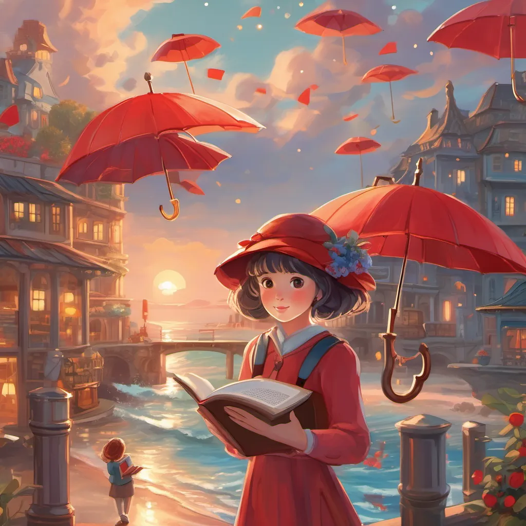 An enchanting English girl with twinkling eyes, carrying a bright red umbrella, loving adventures, books, and tea parties, an enchanting English girl with twinkling eyes, dancing under a bright red umbrella near the sea with books and a tea set.