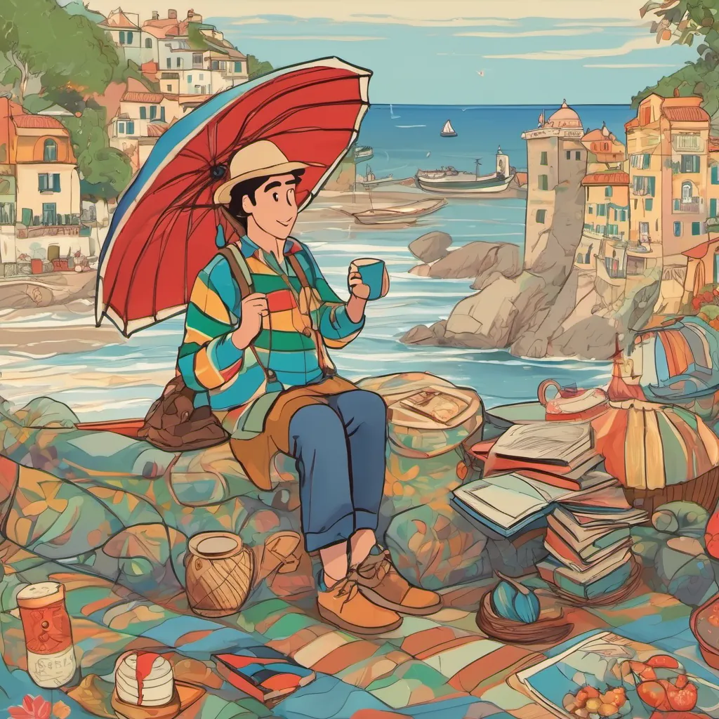 A cheerful Italian fisherman named Luca, wearing a stripy shirt and a big smile, often seen by the sea or on a boat and An enchanting English girl with twinkling eyes, carrying a bright red umbrella, loving adventures, books, and tea parties meeting at the shore daily, sharing dreams and magical moments, with their everlasting friendship.