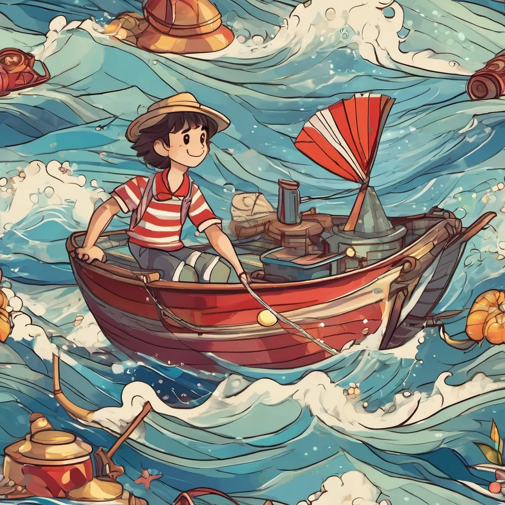 A cheerful Italian fisherman named Luca, wearing a stripy shirt and a big smile, often seen by the sea or on a boat and An enchanting English girl with twinkling eyes, carrying a bright red umbrella, loving adventures, books, and tea parties diving into the sea with a big splash, surrounded by sparkling and glittering waves.