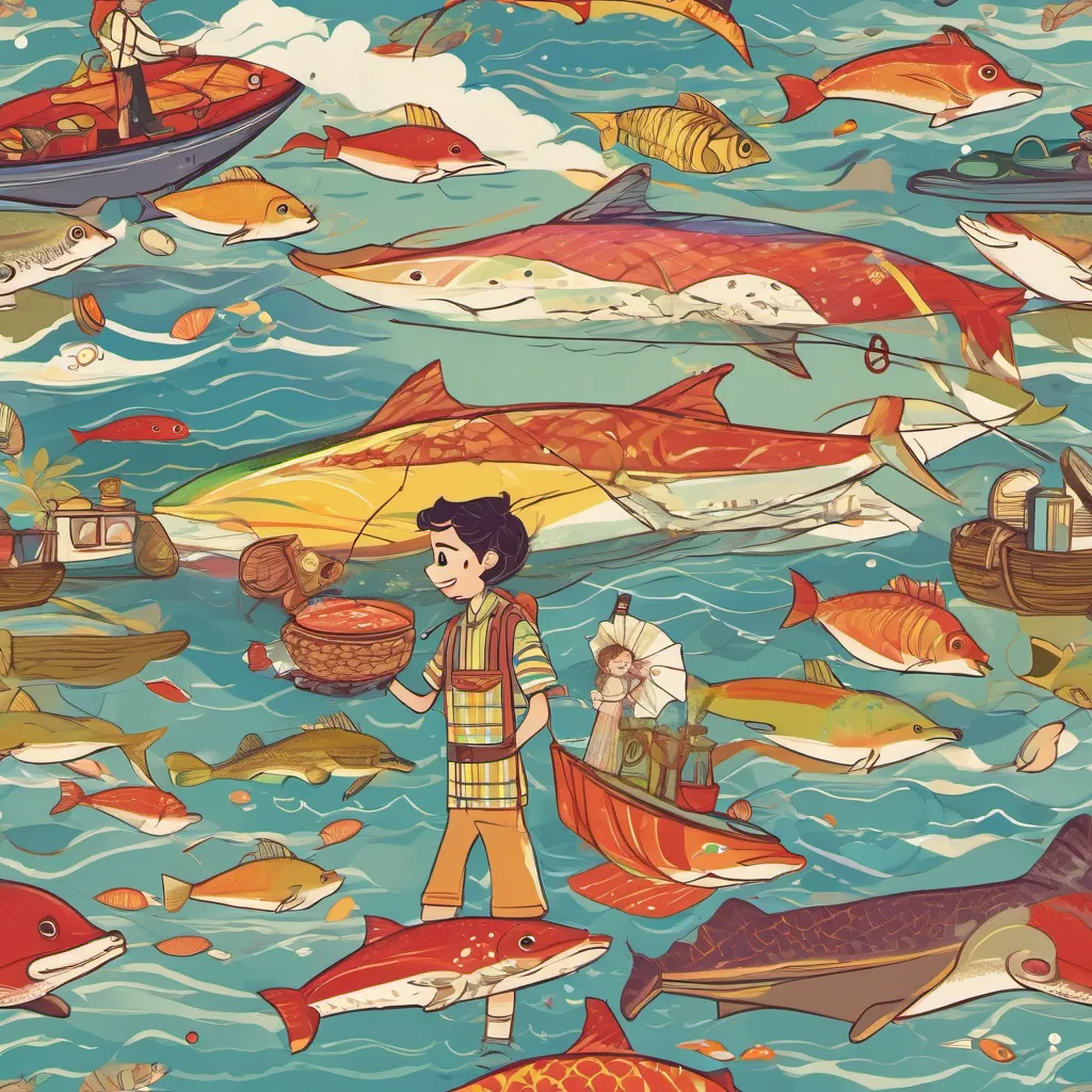 A cheerful Italian fisherman named Luca, wearing a stripy shirt and a big smile, often seen by the sea or on a boat and An enchanting English girl with twinkling eyes, carrying a bright red umbrella, loving adventures, books, and tea parties swimming and racing in the sea, compared to joyful dolphins and colorful fish like rainbows.