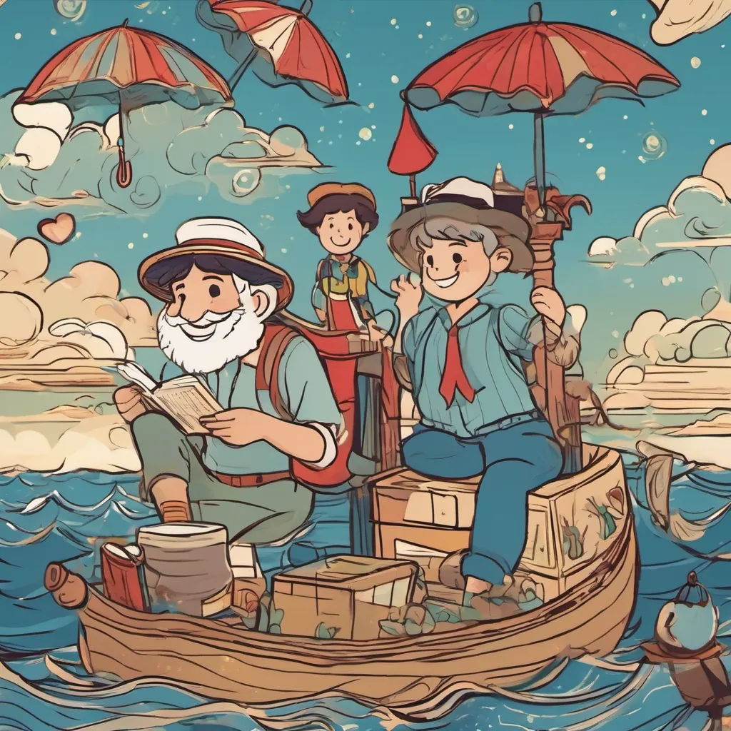 A cheerful Italian fisherman named Luca, wearing a stripy shirt and a big smile, often seen by the sea or on a boat presenting a shiny blue shell to An enchanting English girl with twinkling eyes, carrying a bright red umbrella, loving adventures, books, and tea parties, with their hearts dancing and the sea reflecting twinkling stars.