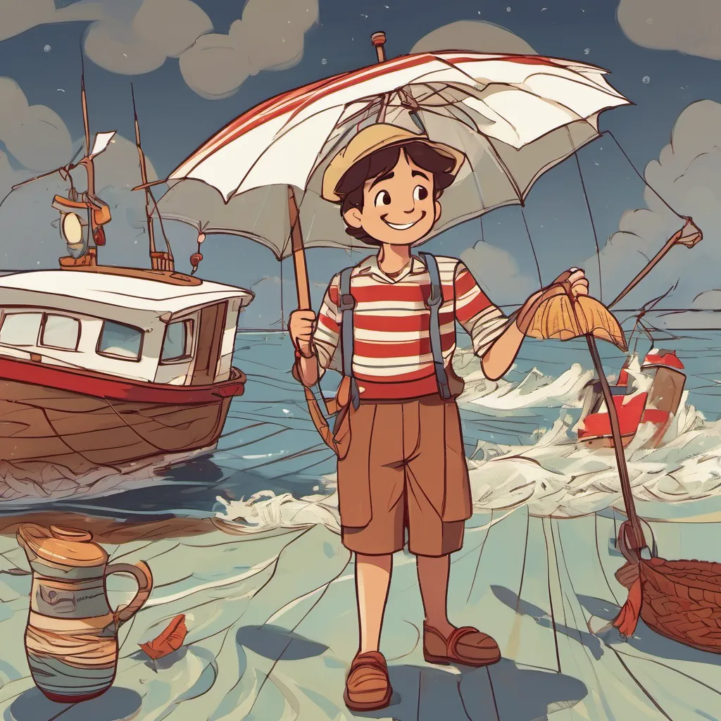 A cheerful Italian fisherman named Luca, wearing a stripy shirt and a big smile, often seen by the sea or on a boat and An enchanting English girl with twinkling eyes, carrying a bright red umbrella, loving adventures, books, and tea parties sailing together to a secret island with magical creatures, A cheerful Italian fisherman named Luca, wearing a stripy shirt and a big smile, often seen by the sea or on a boat greeting An enchanting English girl with twinkling eyes, carrying a bright red umbrella, loving adventures, books, and tea parties with 'Buon pomeriggio!'
