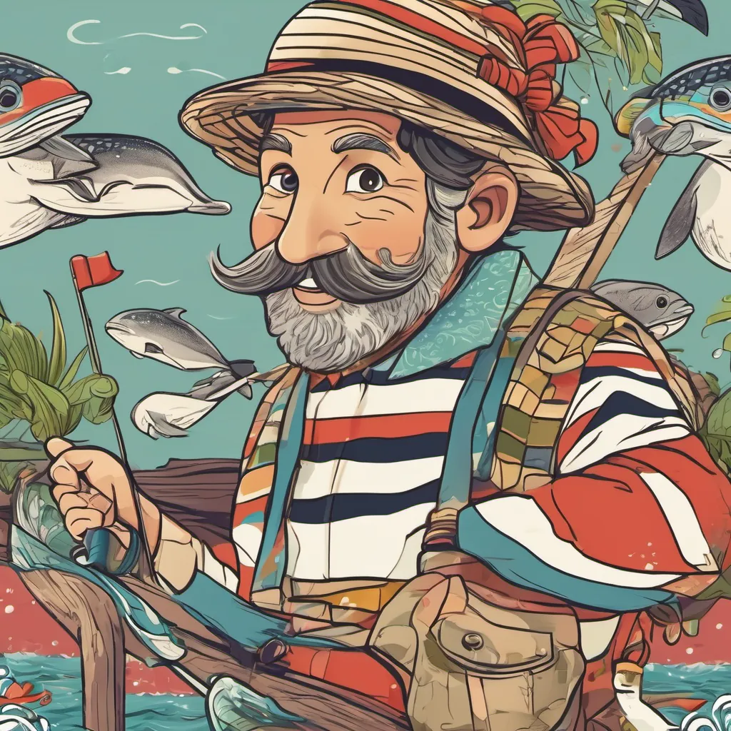 A cheerful Italian fisherman named Luca, wearing a stripy shirt and a big smile, often seen by the sea or on a boat and An enchanting English girl with twinkling eyes, carrying a bright red umbrella, loving adventures, books, and tea parties with talking turtles and dancing dolphins, the sea singing 'Wish-wash, swish-swash!' around them.
