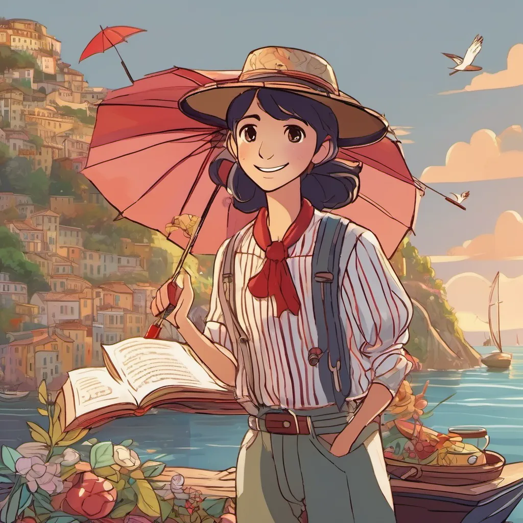 A cheerful Italian fisherman named Luca, wearing a stripy shirt and a big smile, often seen by the sea or on a boat and An enchanting English girl with twinkling eyes, carrying a bright red umbrella, loving adventures, books, and tea parties singing together, their voices light as feathers, floating on the breeze.