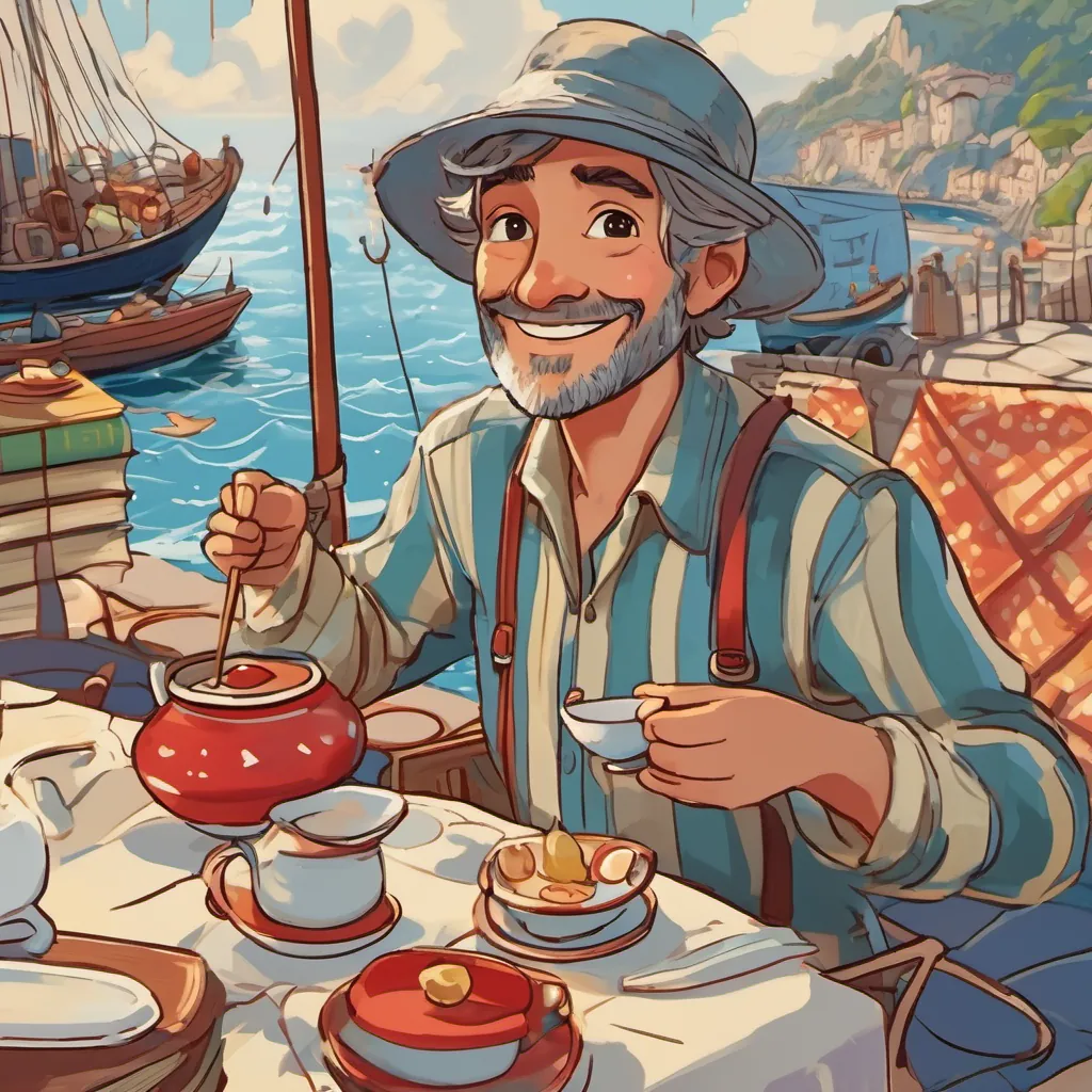 A cheerful Italian fisherman named Luca, wearing a stripy shirt and a big smile, often seen by the sea or on a boat and An enchanting English girl with twinkling eyes, carrying a bright red umbrella, loving adventures, books, and tea parties sitting under the moonlit sky, raising cups of imaginary tea, toasting 'To new adventures!'