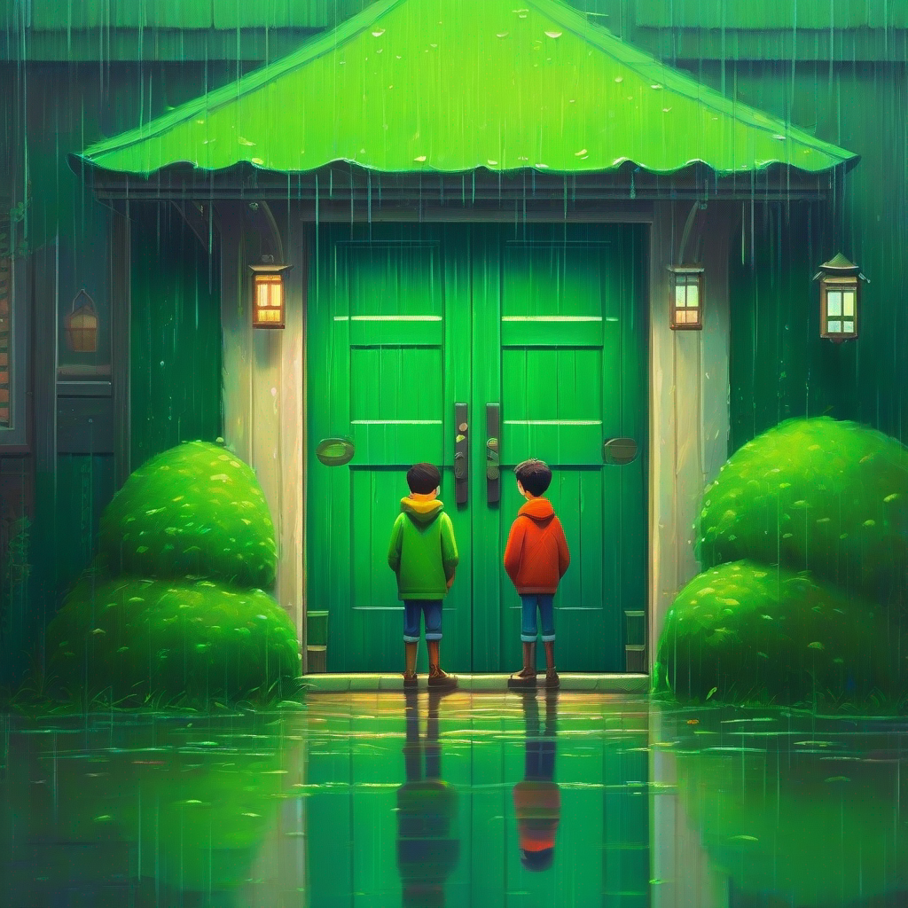 Two friends standing at the door, green and rainy.