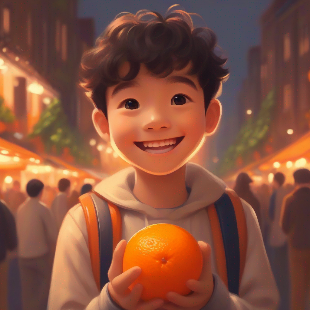 A friend holding an orange, smiling happily.