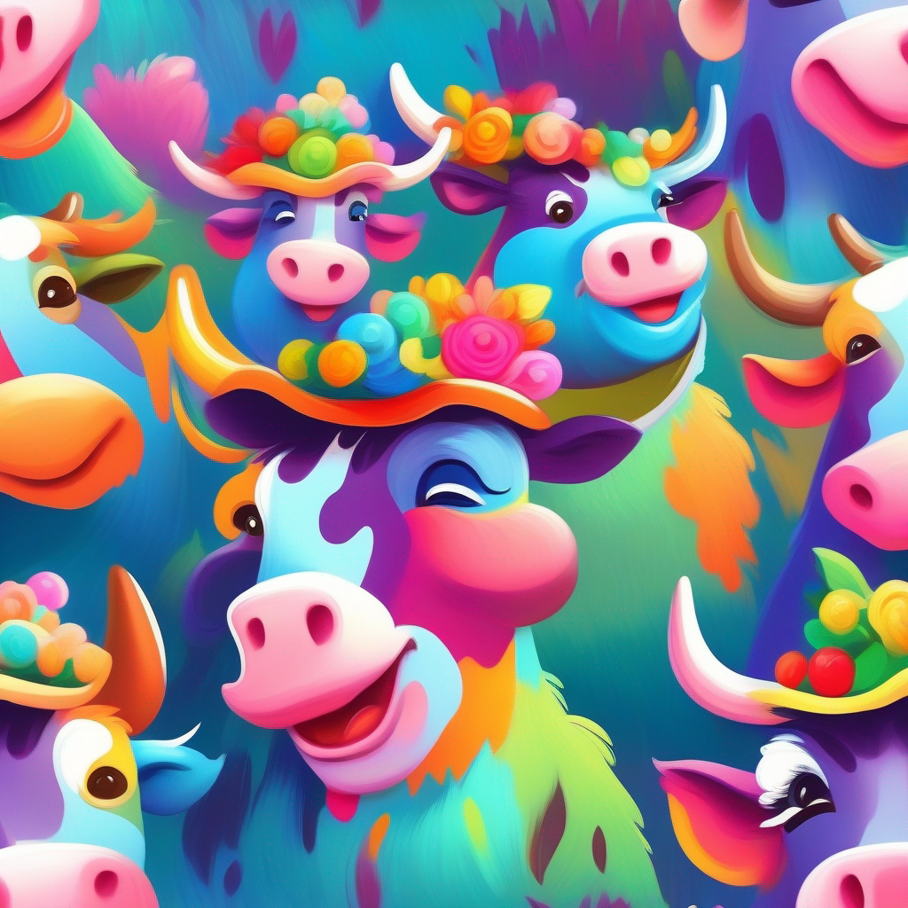 A friendly cow wearing a colorful hat, smiling.