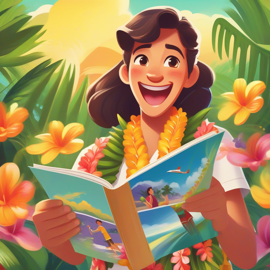 A person holding a Person holding a Hawaii travel brochure, wearing a flower lei travel brochure and looking excited.