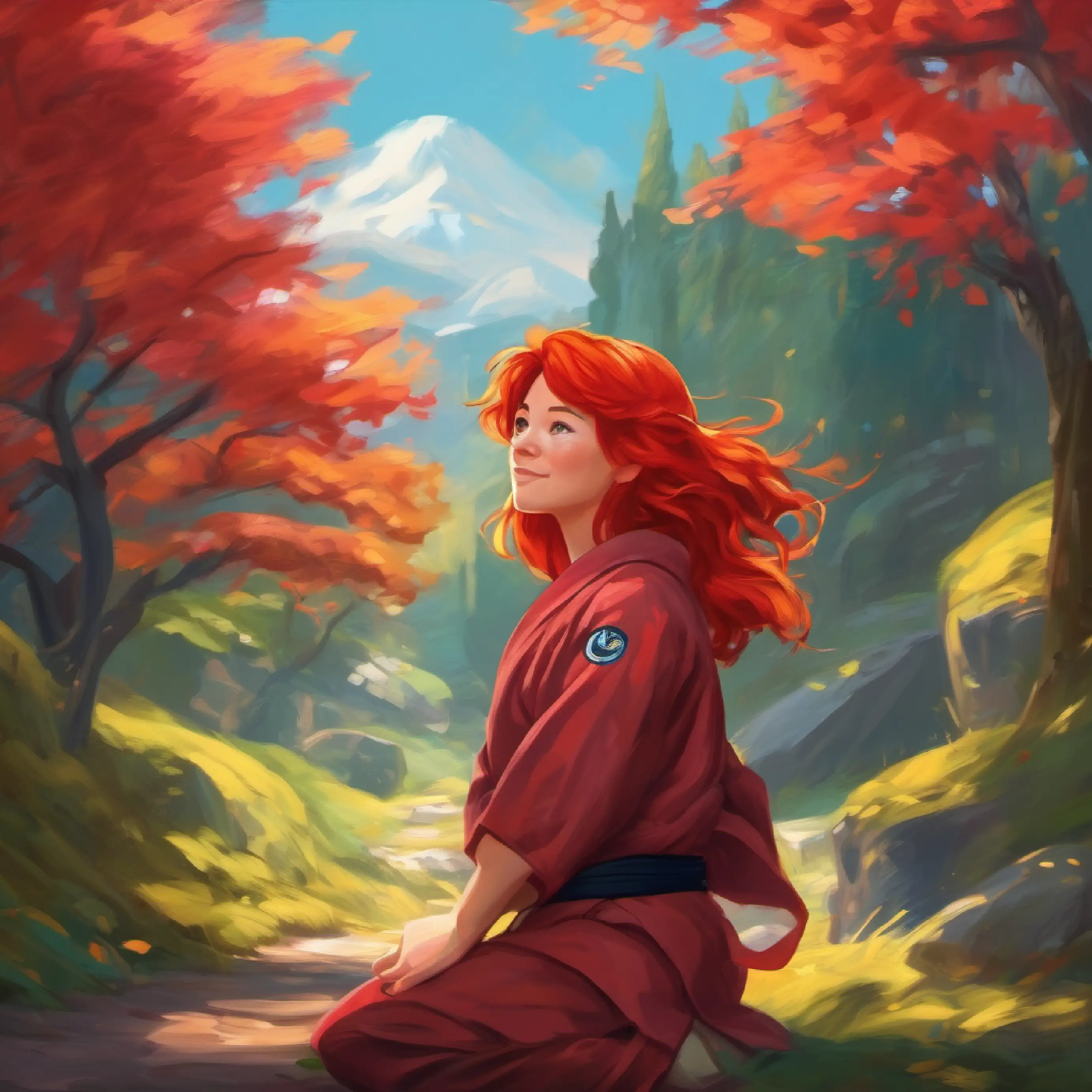 Fiery red hair, full of energy and excitement, loves adventures is excited and daydreams about Jiu-jitsu