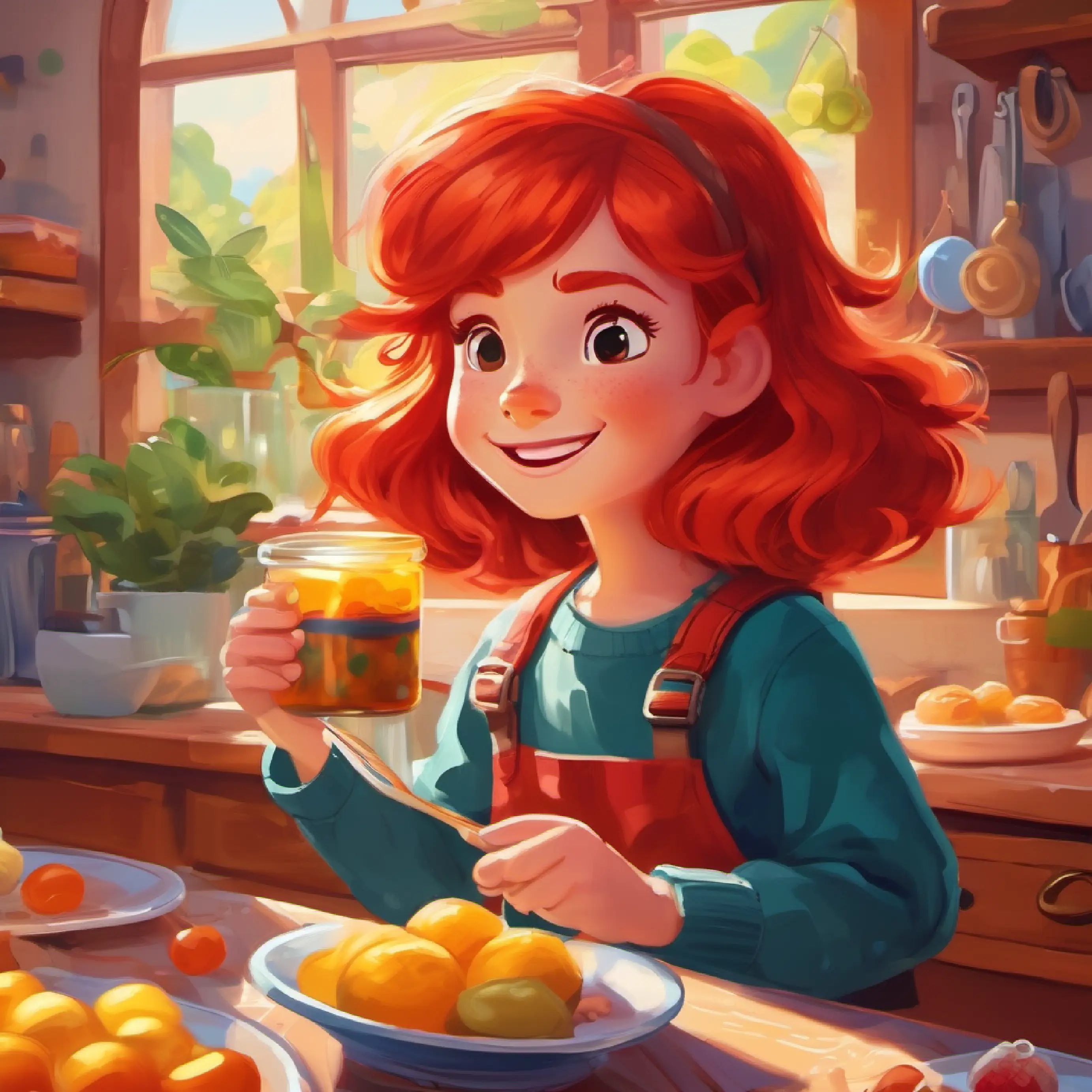 Fiery red hair, full of energy and excitement, loves adventures getting ready for the class with a fun breakfast