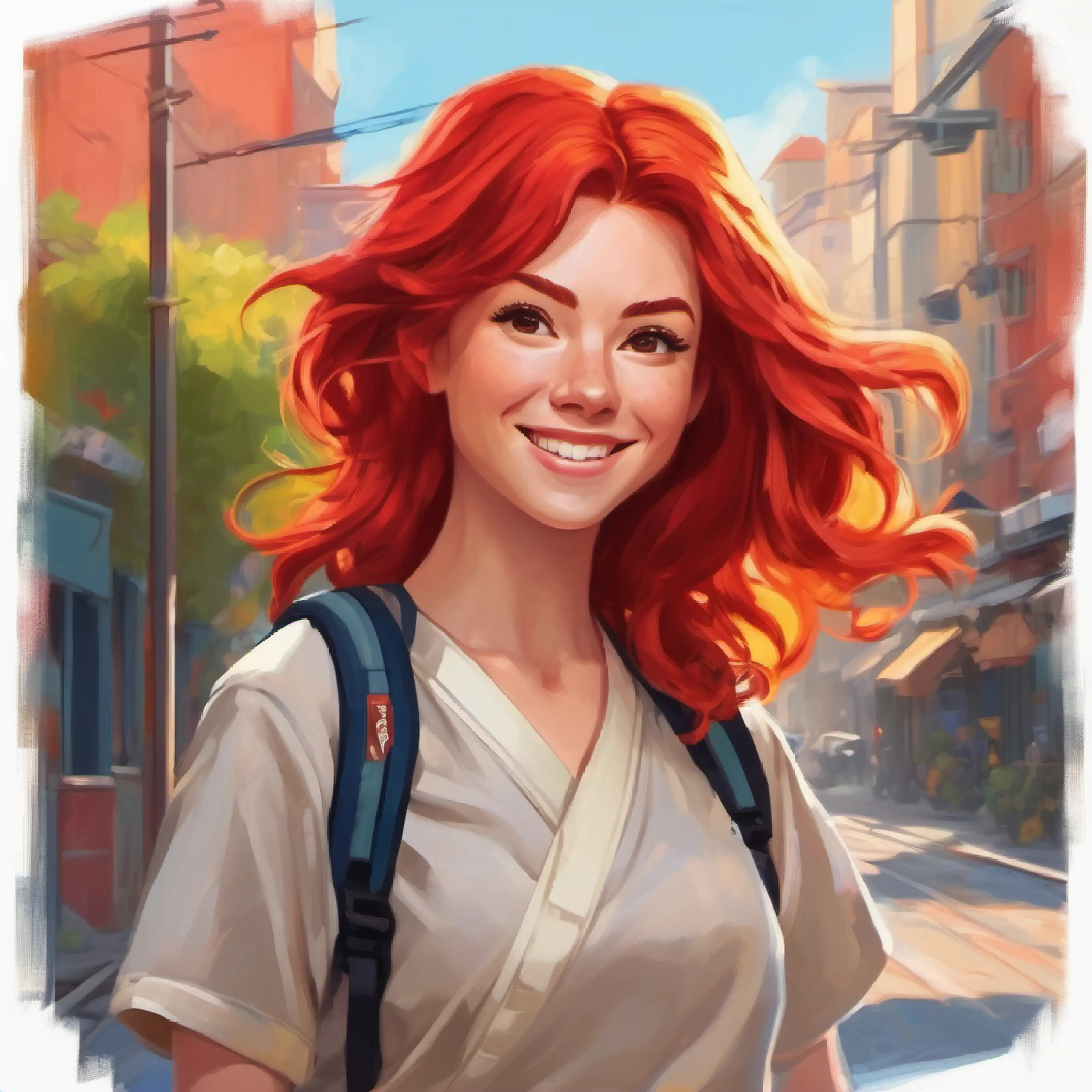 Fiery red hair, full of energy and excitement, loves adventures and Supportive, kind, with a gentle smile walk to the Jiu-jitsu gym