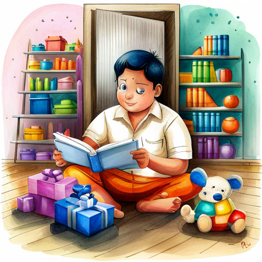 Raju sitting and reading a book surrounded by toys