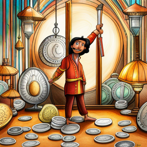 Raju surrounded by a room full of shining coins