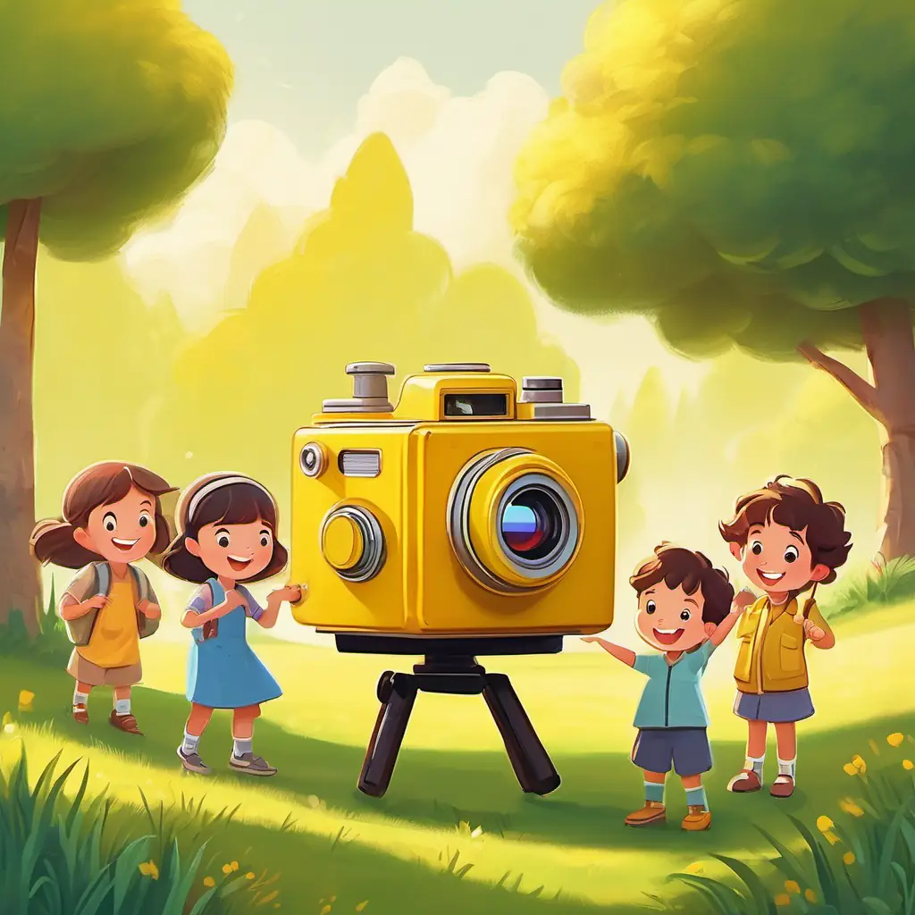 A bright yellow camera with a big smiling lens standing on a grassy hill, smiling and pointing its lens at a group of joyful kids playing in the sunshine.