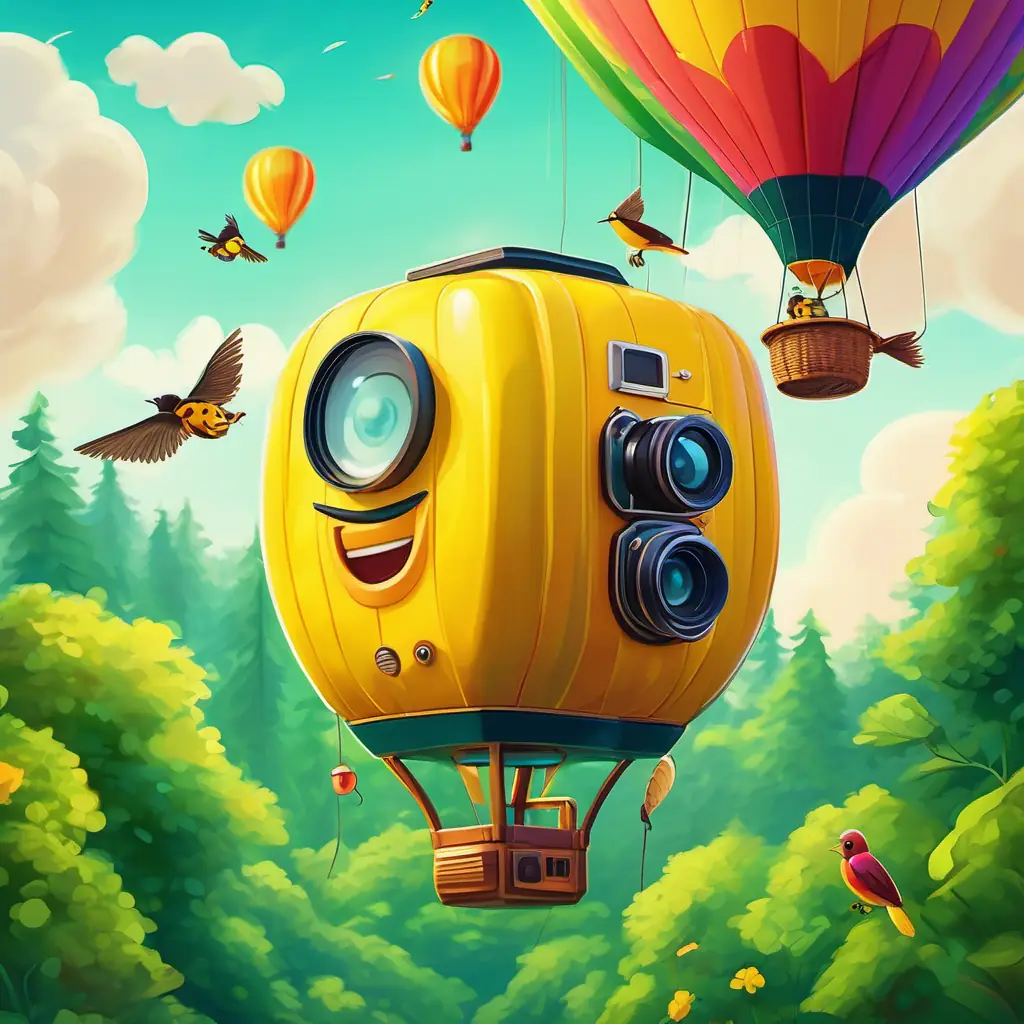 A bright yellow camera with a big smiling lens perched on a colorful hot air balloon as it floats above a lush green forest, with birds singing and bees buzzing around.