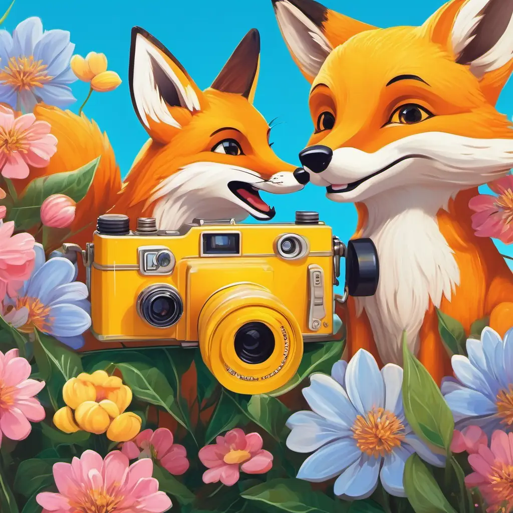 A bright yellow camera with a big smiling lens and the fox smiling at each other, with the fox proudly posing in front of a blooming flower bush and a clear blue sky in the background.