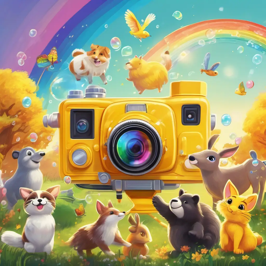 A bright yellow camera with a big smiling lens being cleaned by a group of happy animals with soap bubbles flying around and a rainbow in the sky.