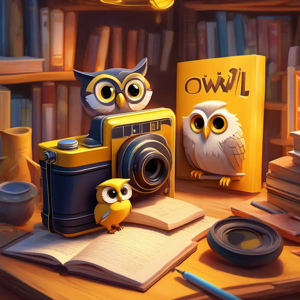 A bright yellow camera with a big smiling lens and the owl family huddled together in their cozy nest, looking at a photo album filled with memories of their joyful adventures.