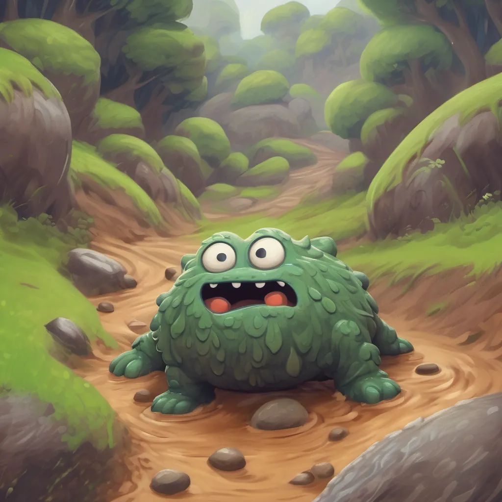 Monty, a playful mud monster, slipping down a muddy, gooey hill on a cloudy day.
