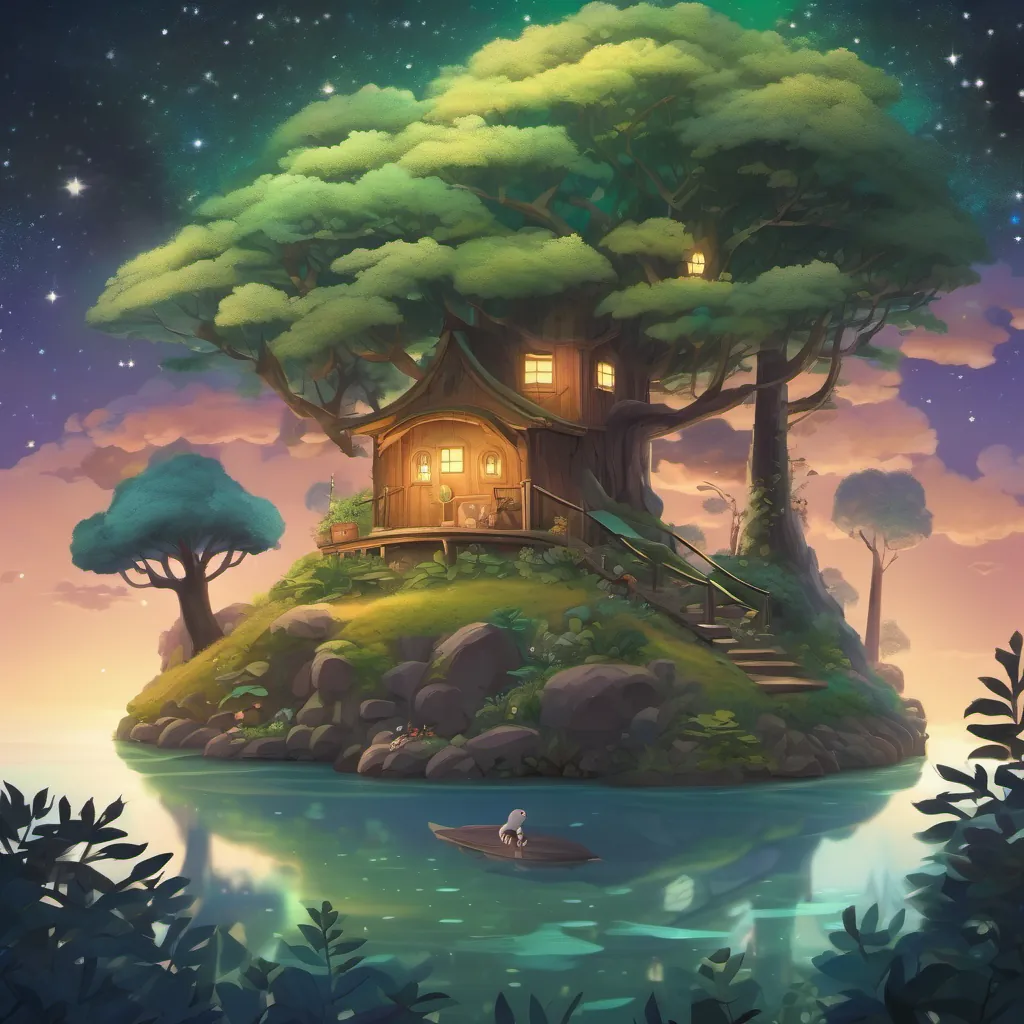 The peaceful forest under the night sky, with Monty and his friends drifting off to sleep as the trees hum a gentle lullaby.