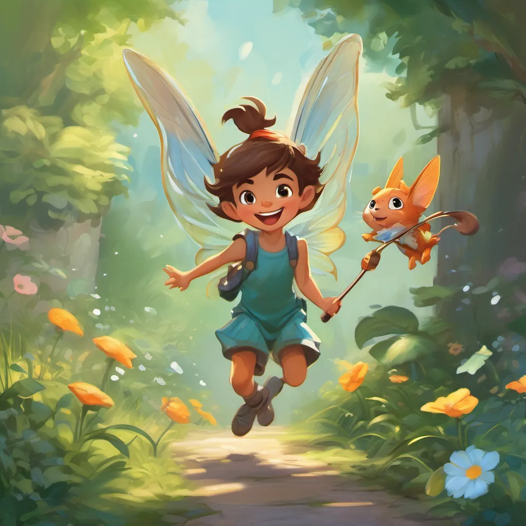 A tiny, whimsical pixie with water-like wings, always laughing and spreading joy and A plump little goblin with a mischievous grin who produces puffs of gas when excited or happy rushing towards Monty, Pip giggling and Greta looking concerned.