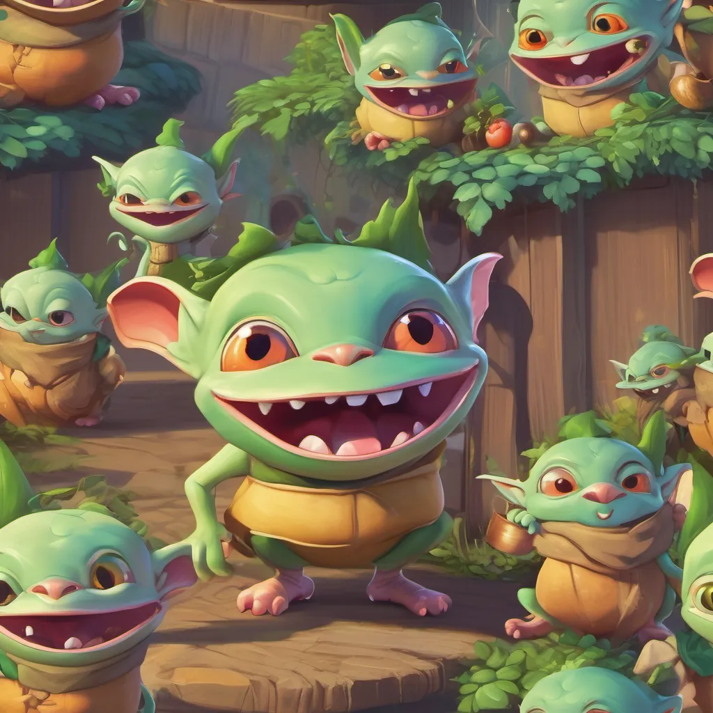 A plump little goblin with a mischievous grin who produces puffs of gas when excited or happy reassuring Monty with a puff of gas while Monty and Pip listen.