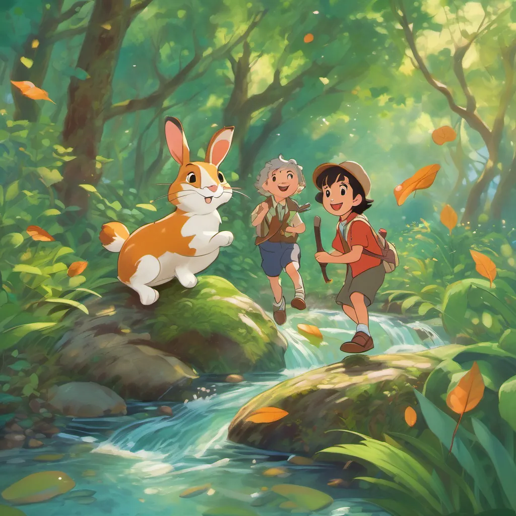 Monty and his friends hopping on leaves at a bubbly brook, laughing and enjoying the moment.