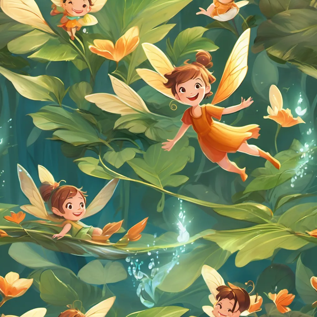 A tiny, whimsical pixie with water-like wings, always laughing and spreading joy leading their song while they float on leaves, everyone laughing and happy.