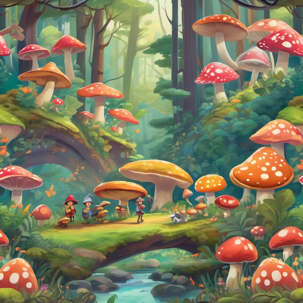 Monty and his friends discovering a grove of colorful, oversized mushrooms in a whimsical forest.