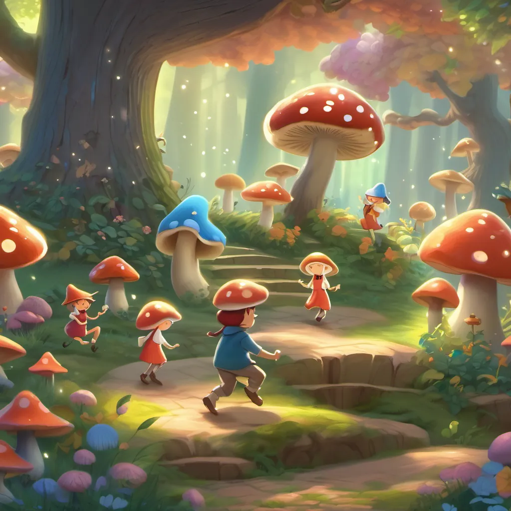 Dancing and twinkling mushrooms singing a cheerful tune in the grove, captivating Monty and his friends.