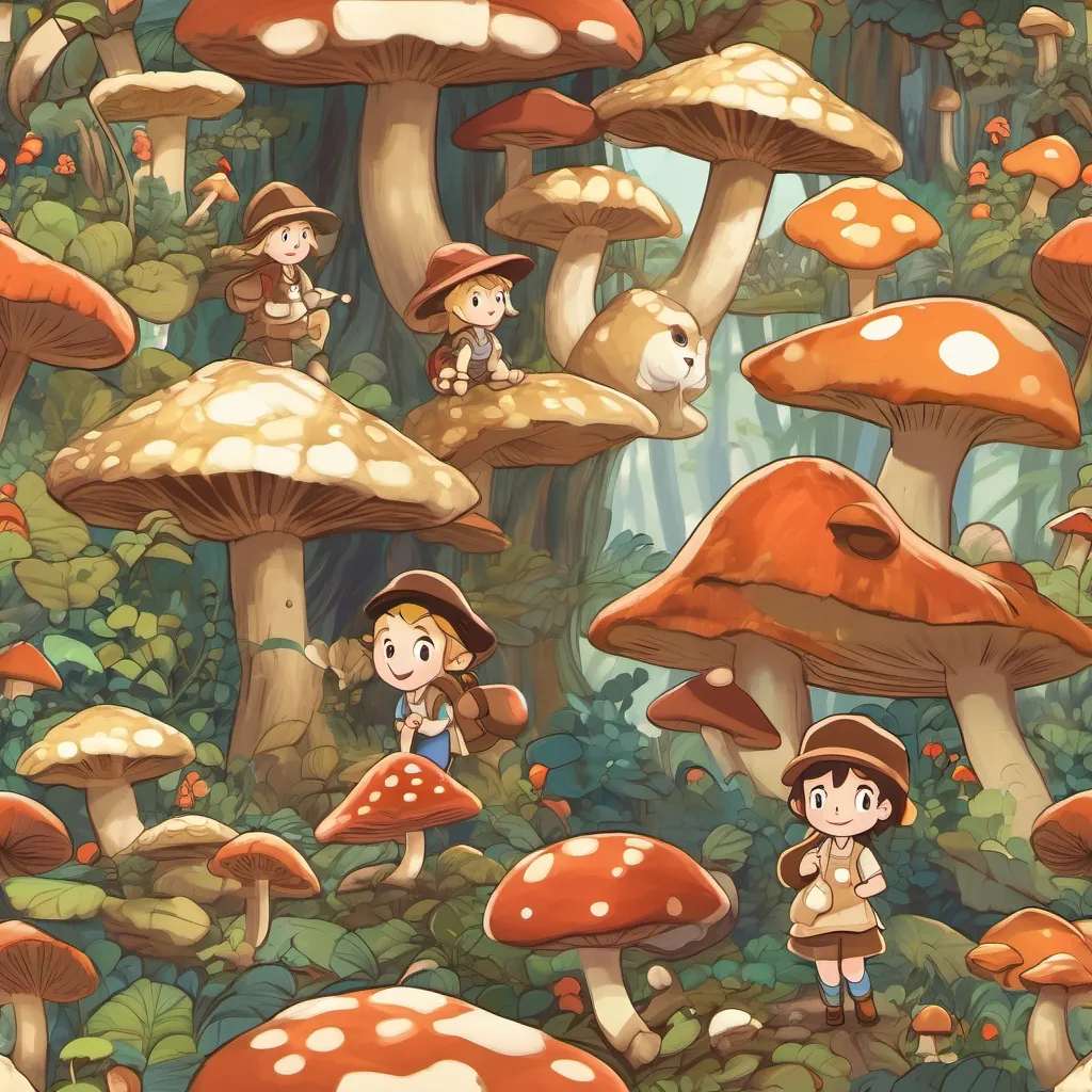 Monty, Pip, and Greta playing amongst the mushrooms, filled with laughter and joy.