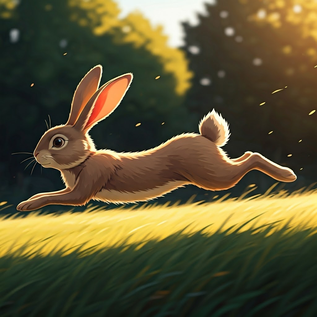 A brown rabbit hopping quickly with a blurred background
