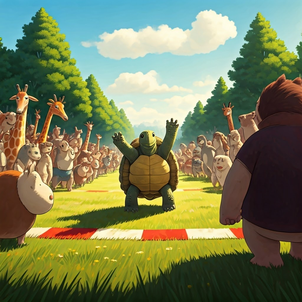 A tortoise celebrating at a finish line with a crowd of animals
