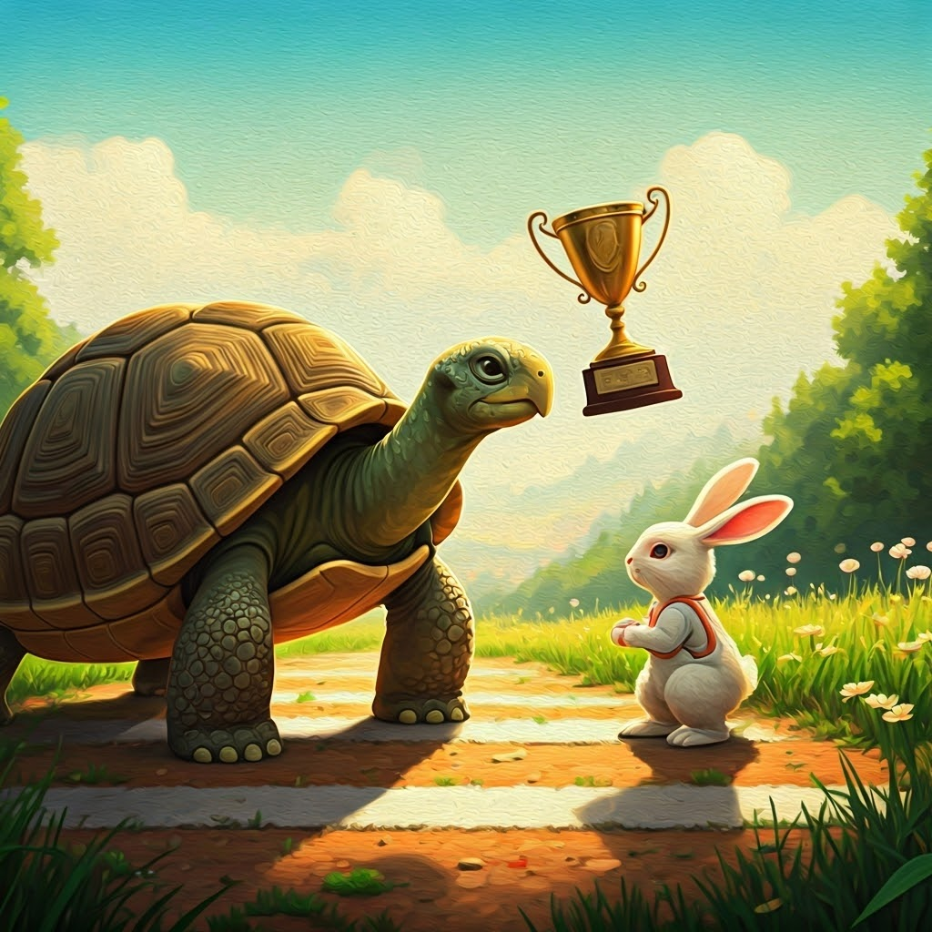 A tortoise and a rabbit standing at the finish line, the tortoise holding a trophy