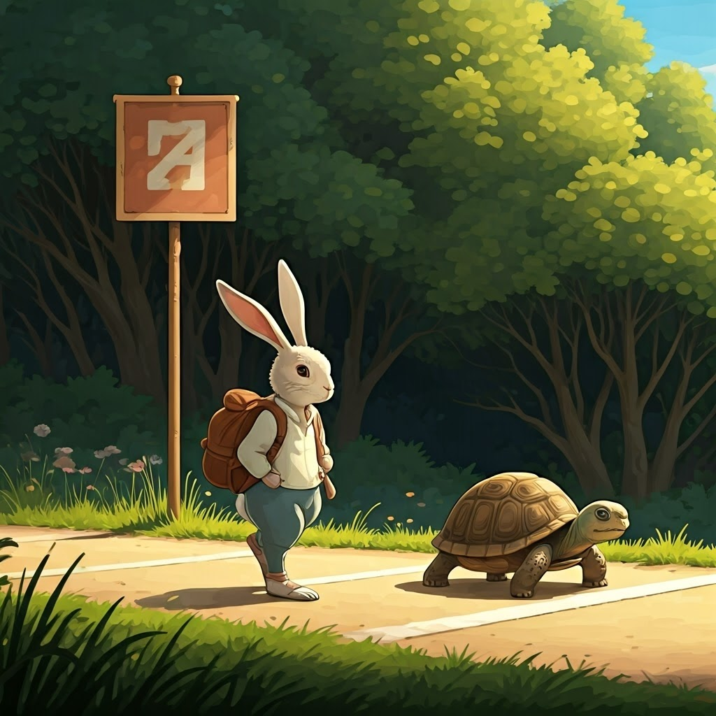 A rabbit and a tortoise standing at a starting line