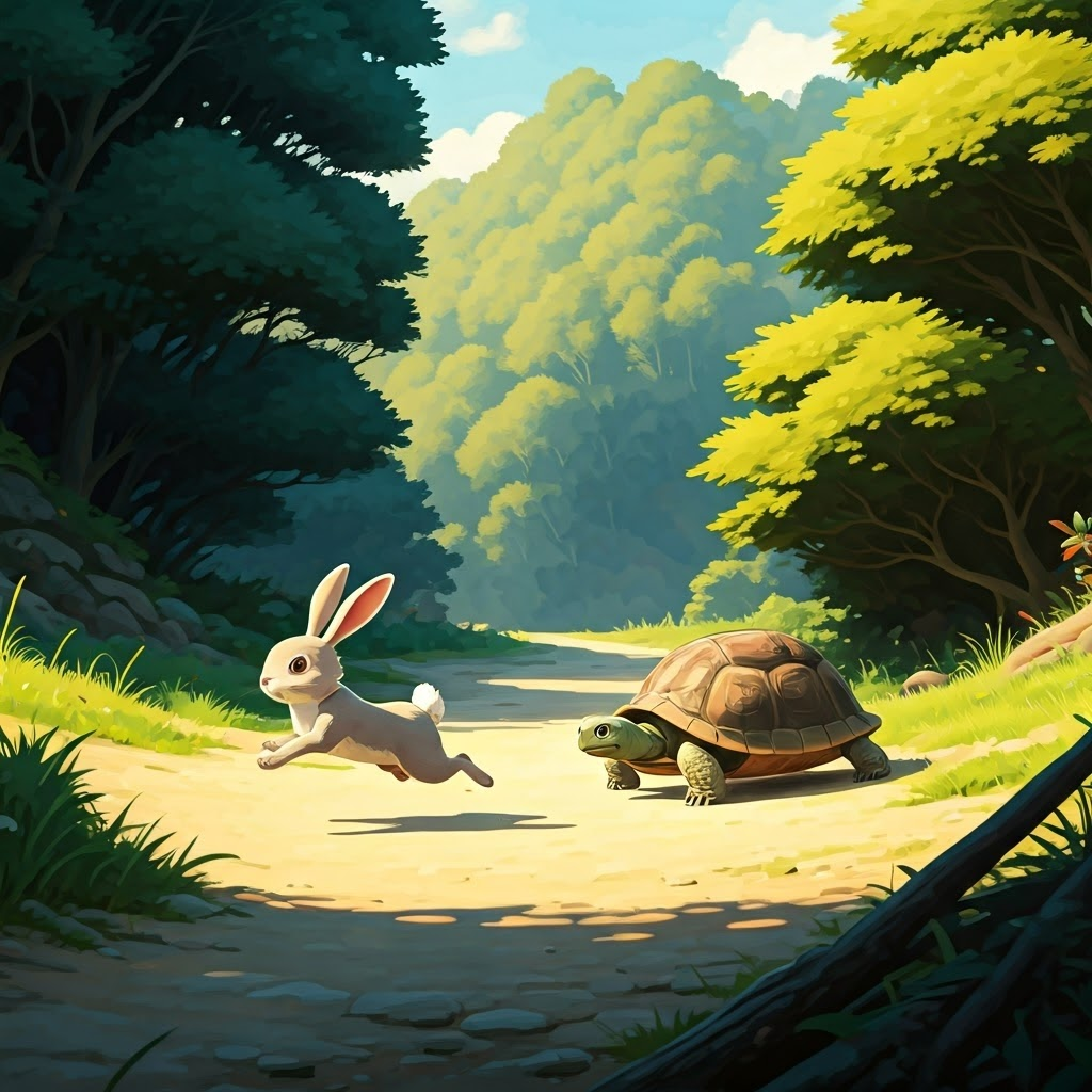 A rabbit dashing ahead of a tortoise