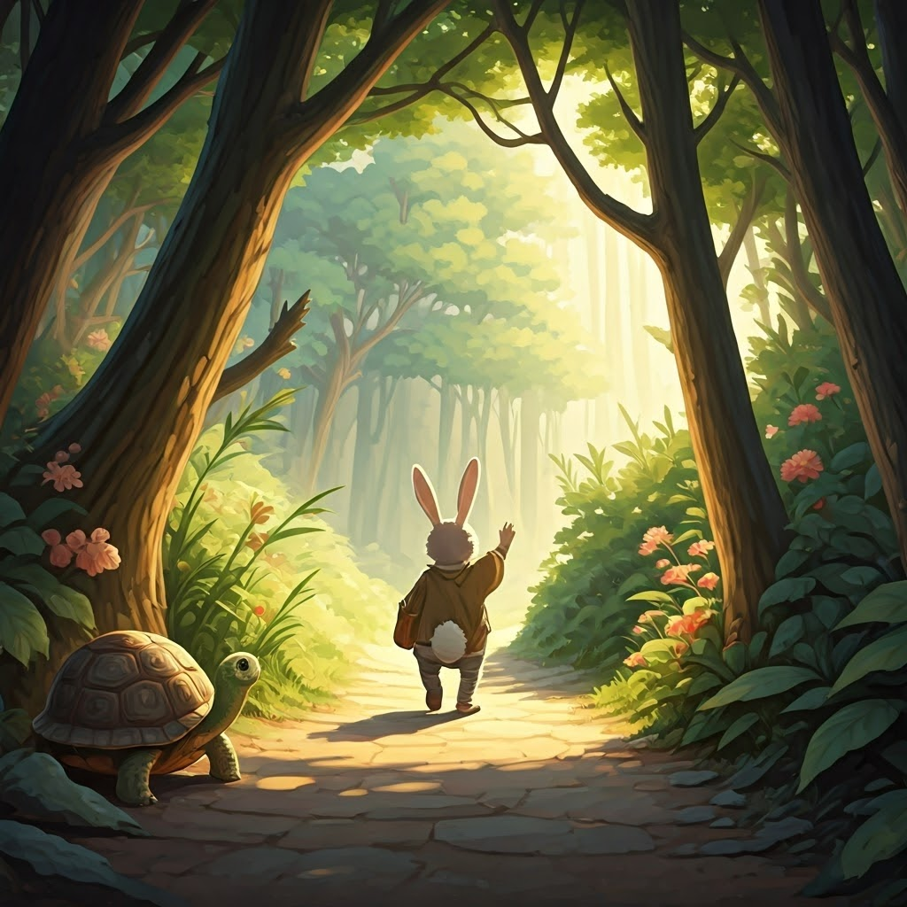 A rabbit far ahead of a tortoise looking back and waving