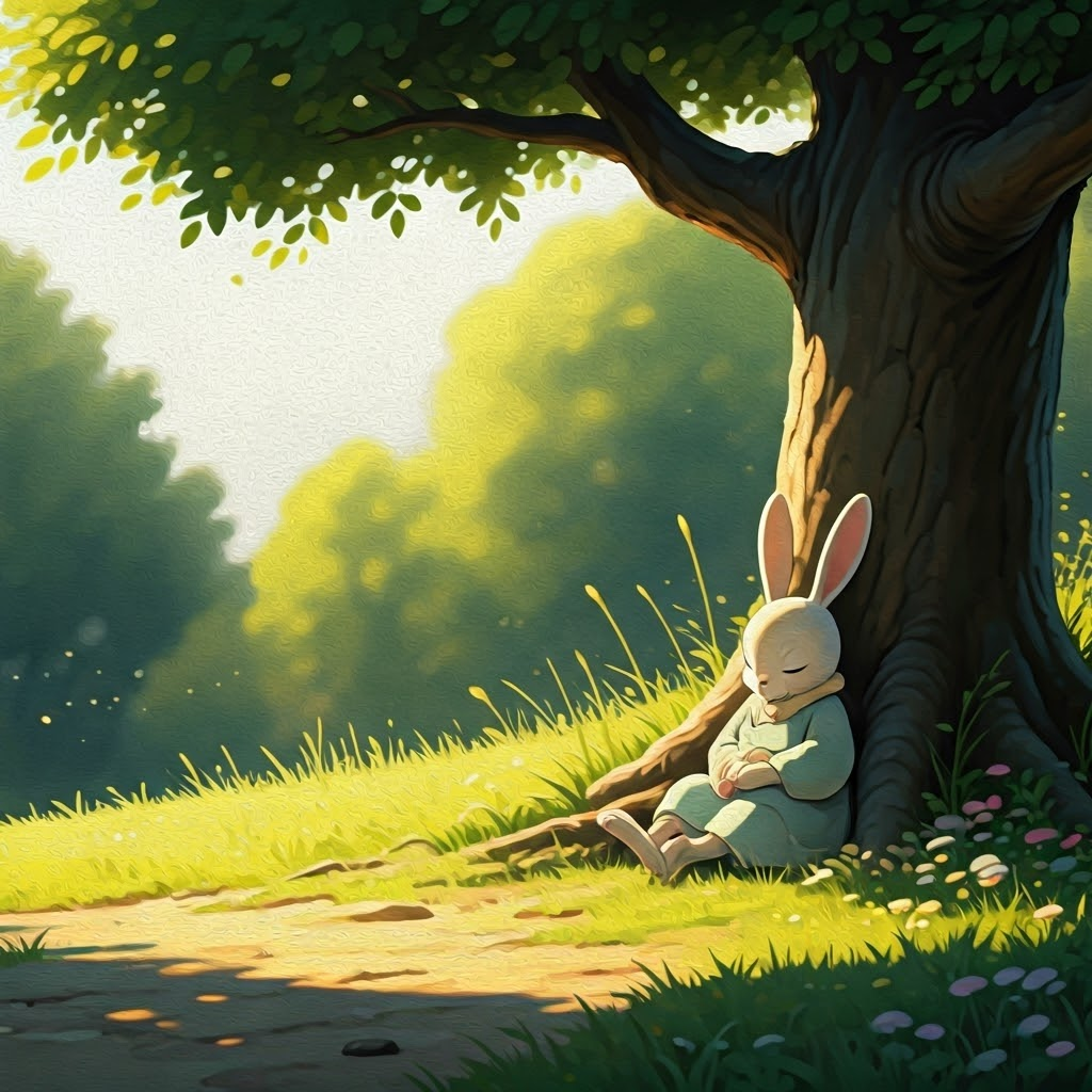 A rabbit napping under a tree
