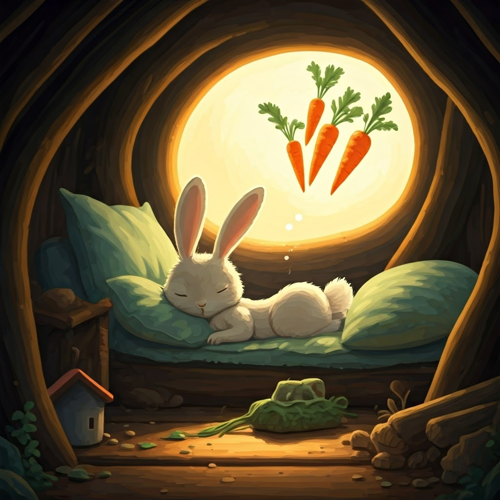 A rabbit sleeping and dreaming of carrots