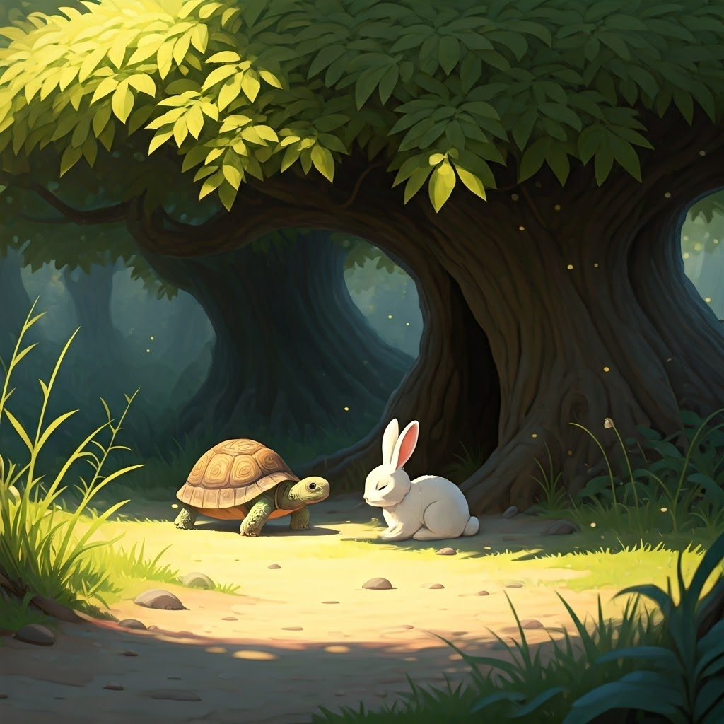 A tortoise passing a sleeping rabbit under a tree