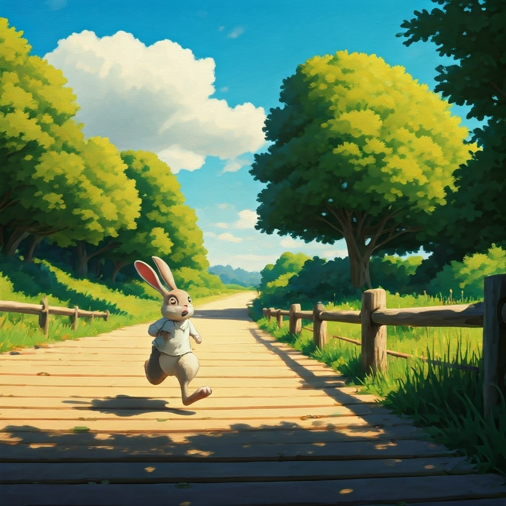 A panicked rabbit running towards the finish line