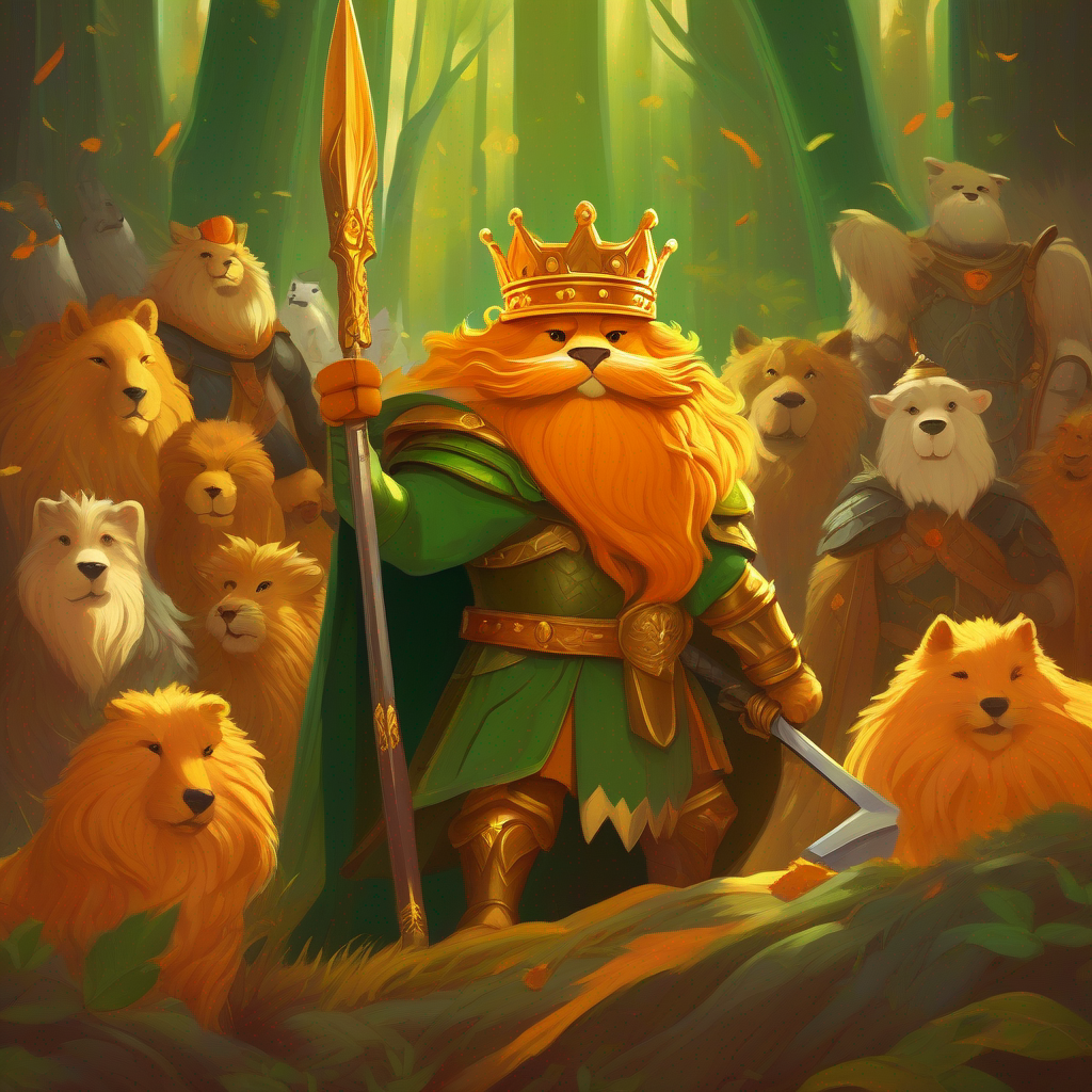 A picture of A brave king with a crown and a sword, golden and brown colors with his loyal friends. The colors are green and orange.