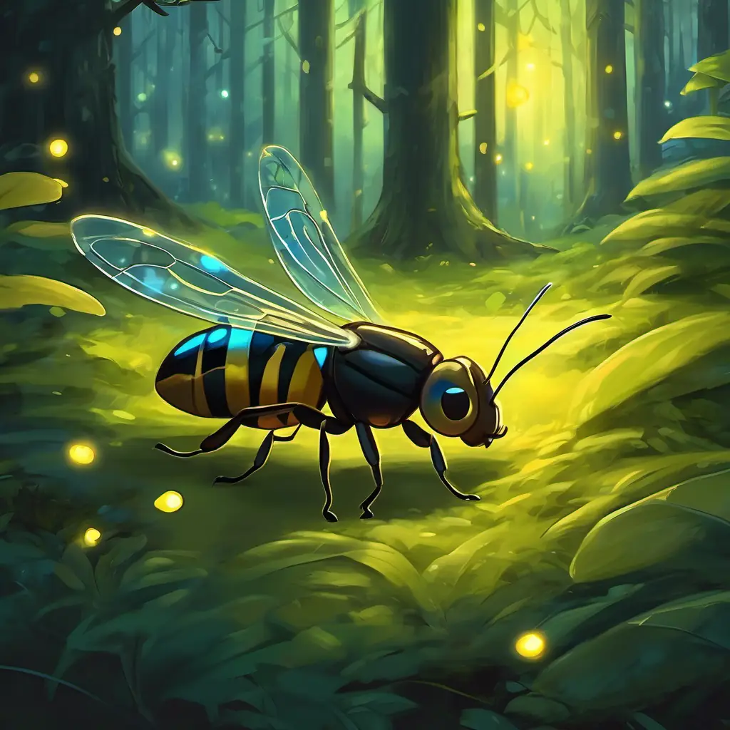 In the forest, there is a firefly named Finn, a yellow firefly with a dim glow. He has a dim glow.