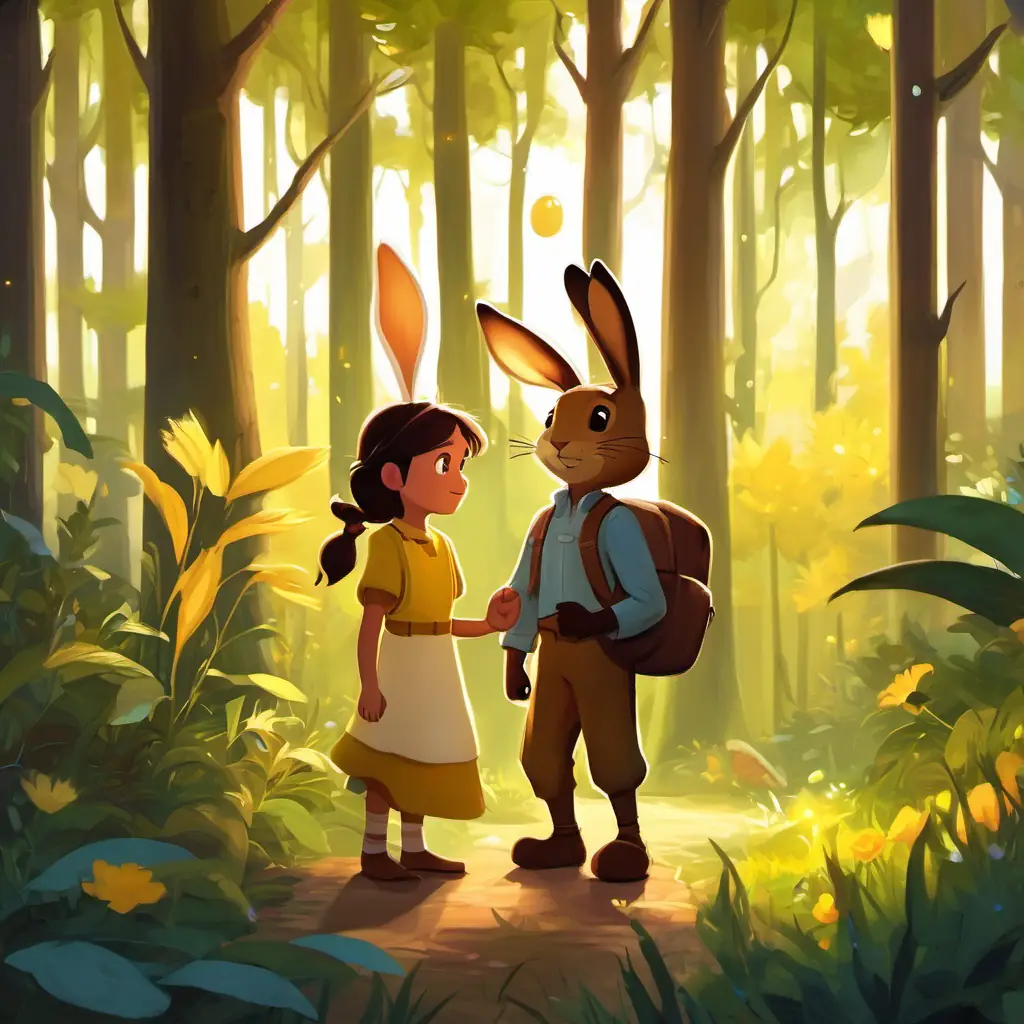 Forest scene with Finn, a yellow firefly with a dim glow and Lila, a brown bunny with a kind heart talking. Finn, a yellow firefly with a dim glow is a yellow firefly, and Lila, a brown bunny with a kind heart is a brown bunny.