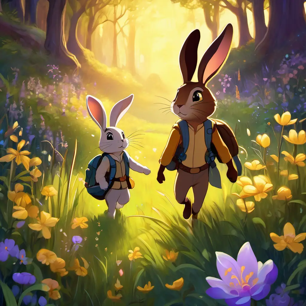 Finn, a yellow firefly with a dim glow and Lila, a brown bunny with a kind heart on an adventure in the Enchanted Meadow. They are surrounded by glowing flowers and tall grass.