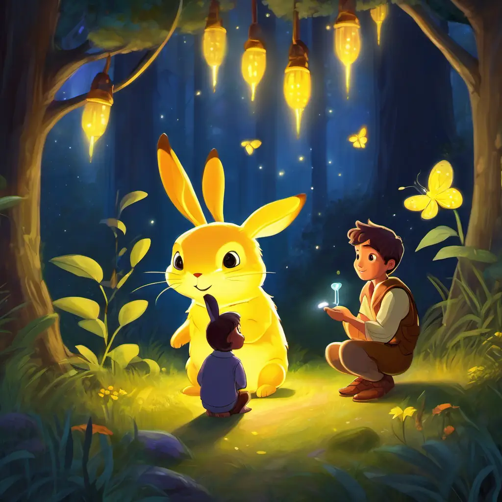 The Wise Firefly, glowing brightly, giving advice to Finn, a yellow firefly with a dim glow and Lila, a brown bunny with a kind heart.