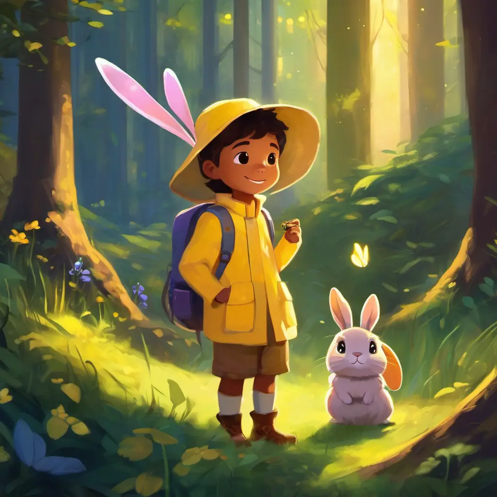 Finn, a yellow firefly with a dim glow and Lila, a brown bunny with a kind heart spreading happiness and kindness to their forest friends.