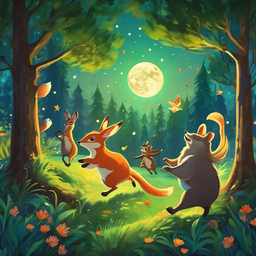 A joyful scene of forest animals dancing and celebrating under the glowing moon.