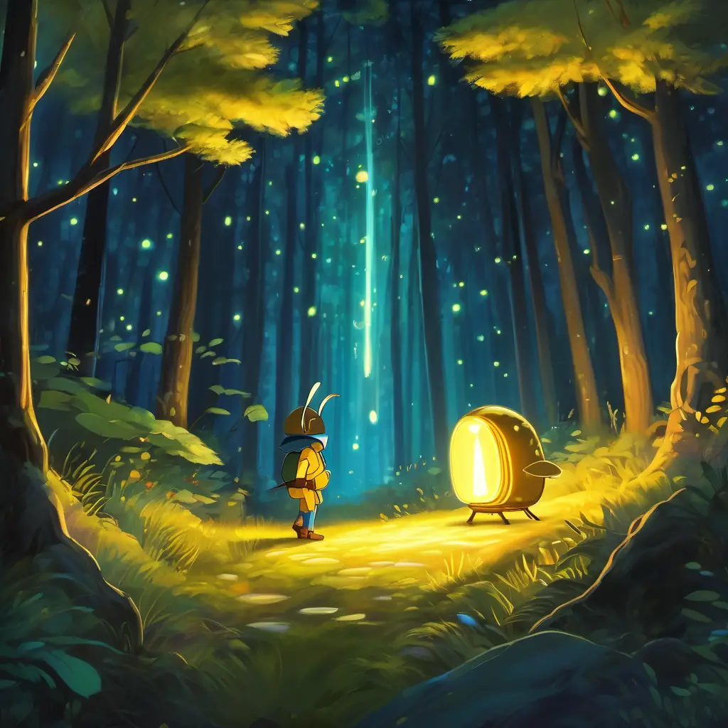 Finn, a yellow firefly with a dim glow, with a bright glow, lighting up the Forest of Luminescence.